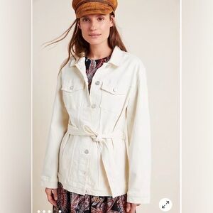 NWOT, Sanctuary for Anthropologie Jessa Belted Ivory Denim Trucker Jacket SZ Lg